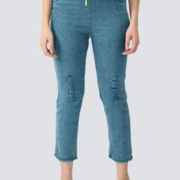 Ira Collections Women Comfort Jogger Mid-Rise Mildly Distressed Light Fade Stretchable Jeans-image-24