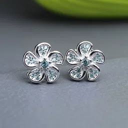 DEVASHREE 925 Sterling Silver Rhodium-Plated Cubic Zirconia Studded Floral Shaped Studs-picture-6