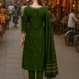 KALINI Women Cotton Embroidered Kurta with Trousers And Dupatta image 4