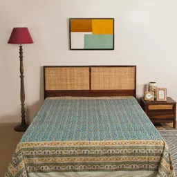 Fabindia Nafisa Teal Blue & Yellow Printed Cotton Double King Bed Cover-image-85