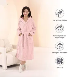 HOUSSE Pink 360 GSM Hooded Bath Robe-image-11