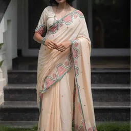 AMRUTKALA SAREES Ethnic Motifs Linen Blend Block Print Saree-picture-11