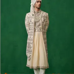 KALPRAAG Pichwai Embroidered Mandarin Collar Georgette Sherwani Set-picture-23
