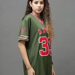 GO DEVIL Women Varsity Printed V-Neck Applique T-shirt image 5