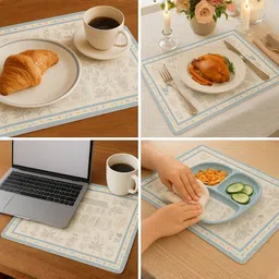 YELONA 4Pcs Beige & Blue Patterned Waterproof Heat-Resistant Anti-Slip Table Placemats image 2