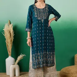 Sangria Floral Printed Round Neck Straight Kurta And Palazzos-image-43