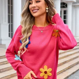StyleCast Women Floral Embroidered Round Neck Long Sleeves Pullover Sweaters-picture-34