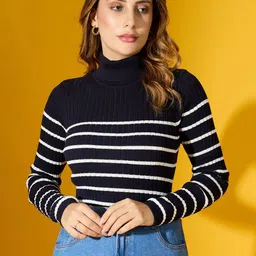 98 Degree North Women Striped Long Sleeves High Neck Pullover-picture-27