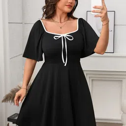 dressberry curve DressBerry Women Tie-Up Neck Flared Sleeve Fit & Flare Dress-picture-14