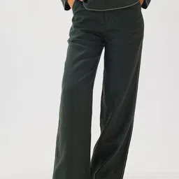 Shop Staple Women Dark Green Linen Top Stitch Detail Pants-picture-46