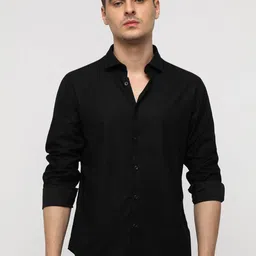 Crocodile Men Comfort Spread Collar Solid Cotton Casual Shirt-image-3