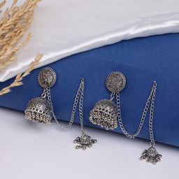 PANASH Silver-Plated Dome Shaped Oxidised Traditional Chain Jhumkas-picture-1