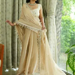 Anouk Beige Tissue Solid Sarees image 5