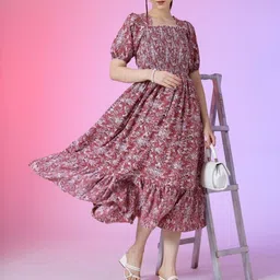 Femvy Women Printed Puff Sleeves Fit & Flare Dress-image-27