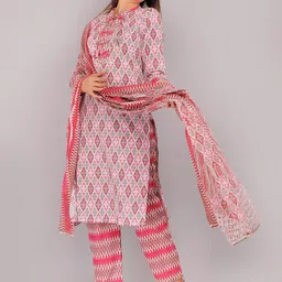 OH MI DIOS Women Geometric Printed Regular Pure Cotton Kurta With Trousers & Dupatta image 3
