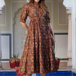 Jash Creation Women Brown Polyester Print V-Neck Tiered Long Flared Maxi Dress-picture-32