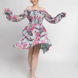 JULO Floral Print Off-Shoulder Bell Sleeve Georgette Fit & Flare Midi Dress-picture-10