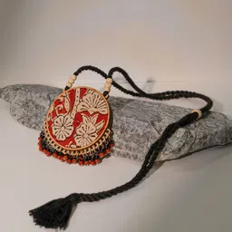 WHE Two in One Black and Red Repurposed Fabric and Wood Round Necklace image 2