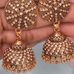 MEIRA JEWELLERY Artificial Stones Studded And Beaded Dome Shaped Jhumkas image 2