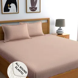 WEAVE AND DECOR Cream-Coloured Striped 300 TC King Bedsheet with 2 Pillow Covers image 2