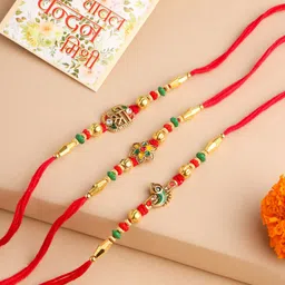 Anouk Set Of 3 Floral Stones Studded & Beaded Thread Rakhis & Roli Chawal Chandan Mishri-picture-32
