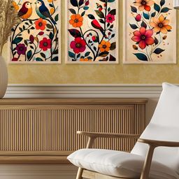 Kotart Brown & Red 3 Pieces Floral Printed Wooden Wall Arts-picture-19