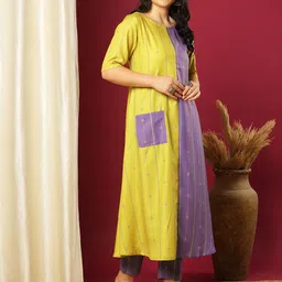 GoSriKi Geomtectic Woven Design Round Neck A-Line Kurta With Trousers image 3