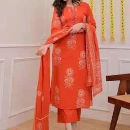 JAIPURI COLLECTION Women Ethnic Motifs Printed Regular Mirror Work Pure Cotton Kurta with Trousers & With image 3