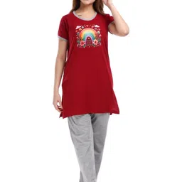 E-MAX Women Maroon & Grey Cotton Printed Night Suit-image-90