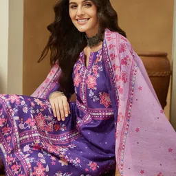 Janasya Women Purple Cotton Floral Printed Straight Kurta Set-image-5