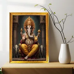 blinkart Gold-Toned & Yellow Lord Ganesha Photograph Wall Art-image-1