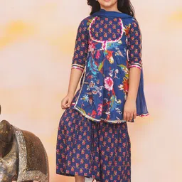 KID1 Girls Floral Printed Round Neck A-Line Pure Cotton Kurta With Sharara & Dupatta-picture-16
