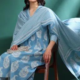 KALINI Women Ethnic Motifs Printed Regular Pure Cotton Kurta with Trousers & With Dupatta image 5