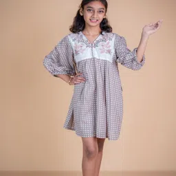 Mini Maana Checked Bishop Sleeve Fringed Fit & Flare Dress image 3