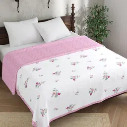 Salona Bichona White & Pink Floral Printed Pure Cotton AC Room Single Bed Dohar-picture-19