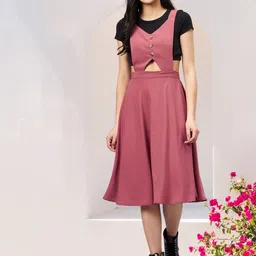 WineRed Women A-Line Cut-out Pinafore Flared Solid Dress-picture-13