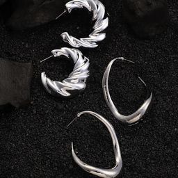 SOHI Set Of 2 Silver Plated Contemporary Chunky Hoop Earrings-picture-20