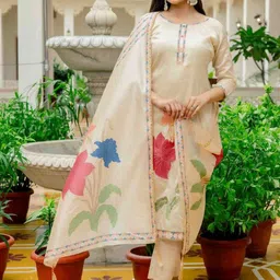 CAPITALHAVEN Women Floral Embroidered Regular Thread Work Kurta with Trousers & With Dupatta image 5