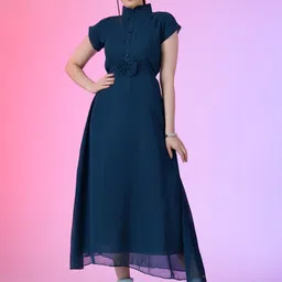 Femvy Women Cap Sleeves High Neck Fit & Flare Maxi Dress-image-8