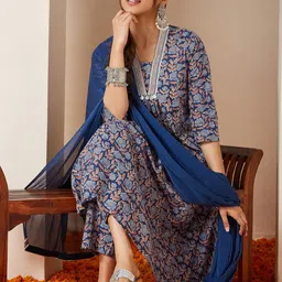 Janasya Women Floral Printed Pure Cotton Kurta with Trouser & Dupatta-picture-37