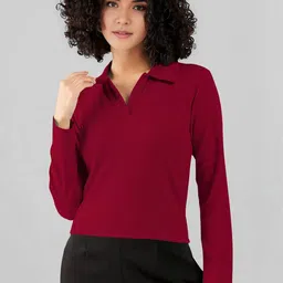 Maheshvi Women Ribbed Shirt Collar Long Sleeves Fashion Fitted Top-picture-44