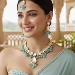 LUCKY JEWELLERY 18k Gold-Plated Kundan-Studded & Beaded Jewellery Set image 4