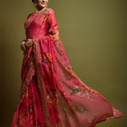 HERE&NOW Floral Printed Sequinned Embroidered Border Saree image 2