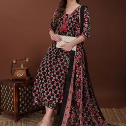 KALINI Women Floral Printed Regular Sequinned Pure Cotton Kurta with Palazzos & With Dupatta image 4