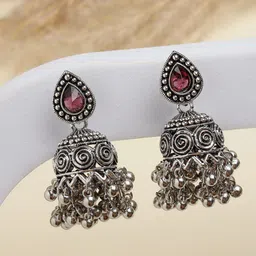 ANIKAS CREATION German Silver Artificial Stones Studded And Beaded Dome Shaped Jhumkas-picture-42