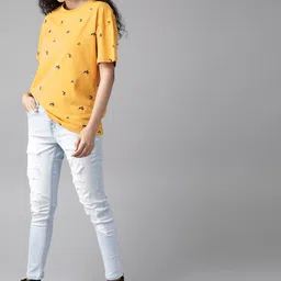 roadster Women Printed Round Neck Pure Cotton Yellow T-Shirt image 4