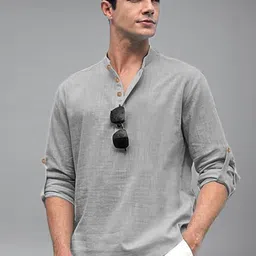 BHUVIKOO Band Collar Roll-Up Sleeves Short Kurta image 1