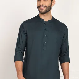 HERE&NOW Self Design Twill Weave Mandarin Collar Straight Short Kurta-picture-21