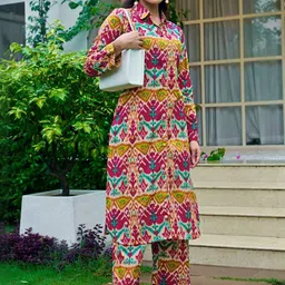 KALINI Ethnic Motifs Printed Shirt Collar Regular Pure Cotton Straight Kurta with Trousers-picture-22