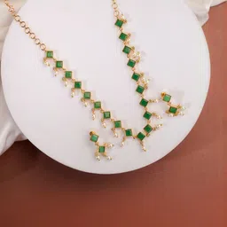 Opal Touch Gold-Plated Cubic Zirconia Studded & Artificial Beaded Necklace With Earrings-picture-35